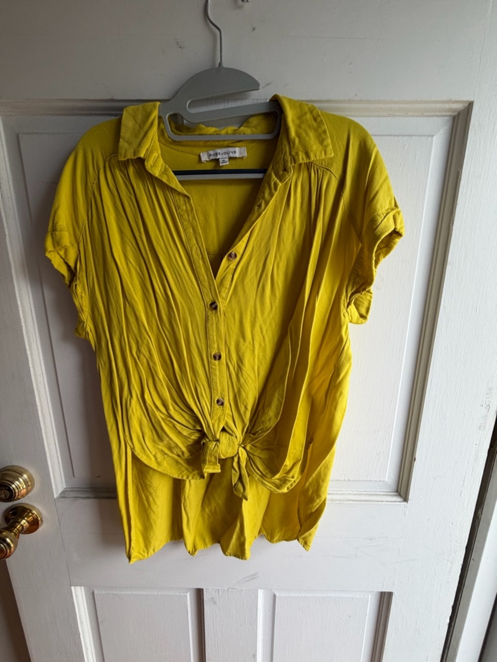 Women's Yellow Button-Front Knot Top